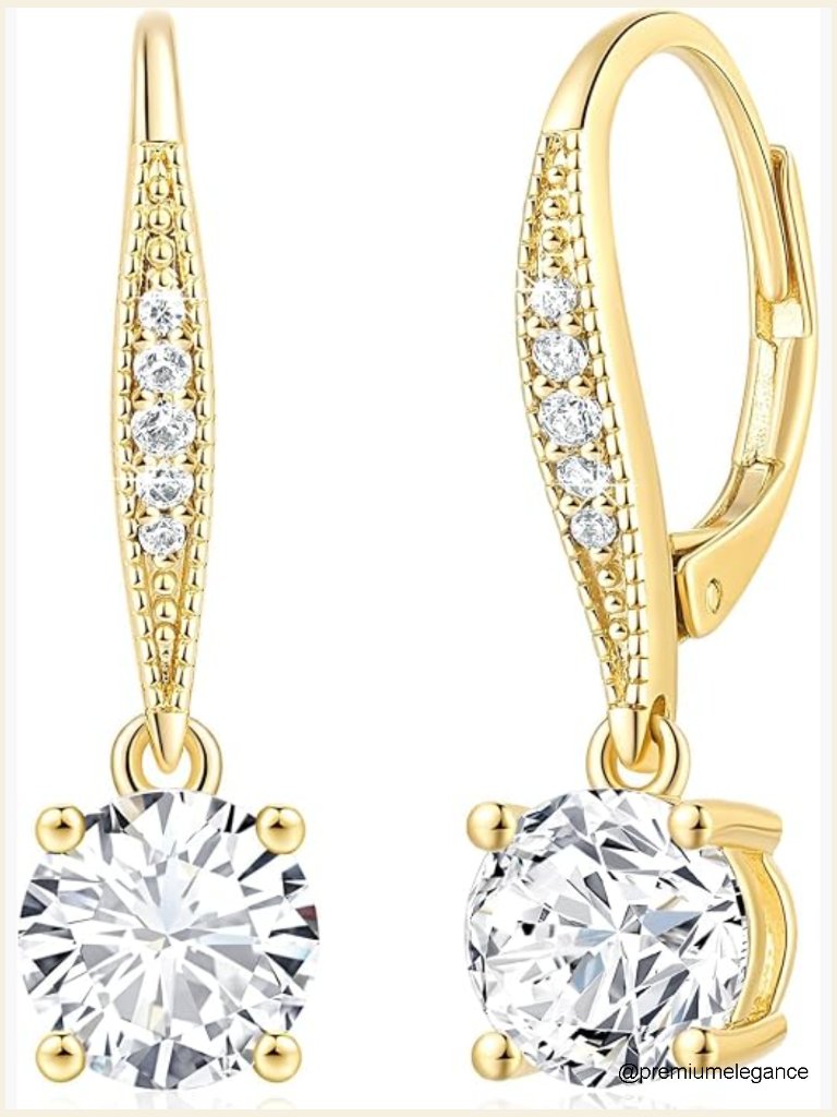 14k Gold Dangle Leverback Drop Earrings With Cubic Zirconia